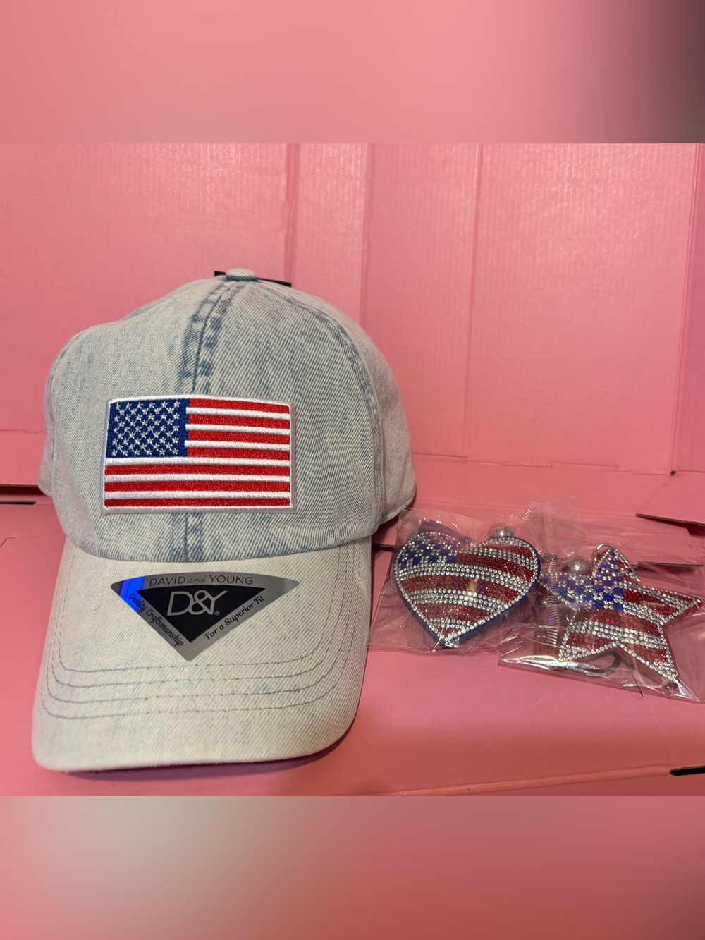 DAVID & YOUNG CO Flag  Denim Adjustable Baseball Cap Hat  and charms NWT July 4